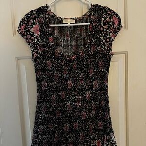 LoveShackFancy Black Midi Dress with Pink Floral Print